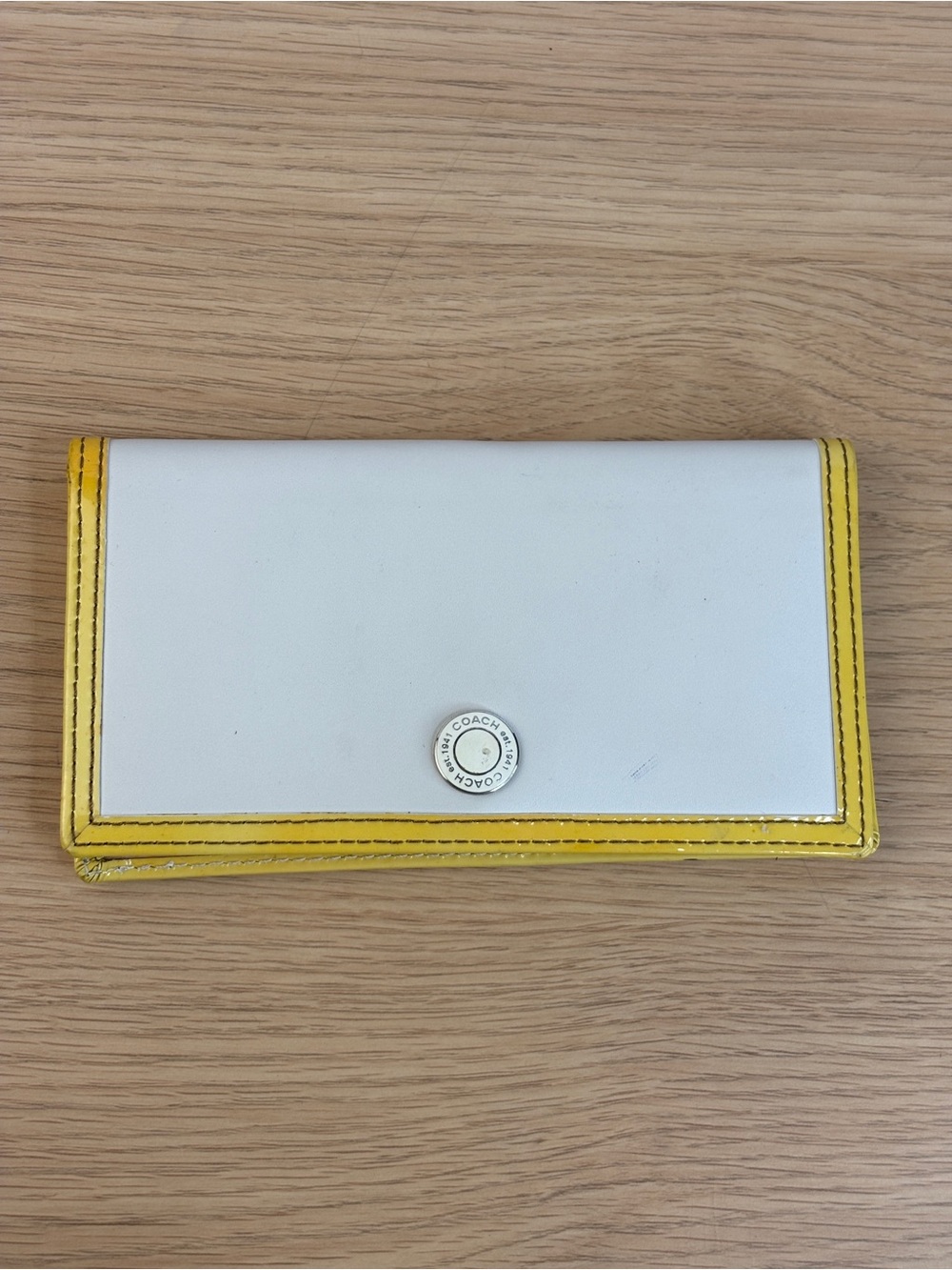 Coach Legacy White Leather‎ Yellow Patent Trim Slim Envelope Wallet/Check Clutch